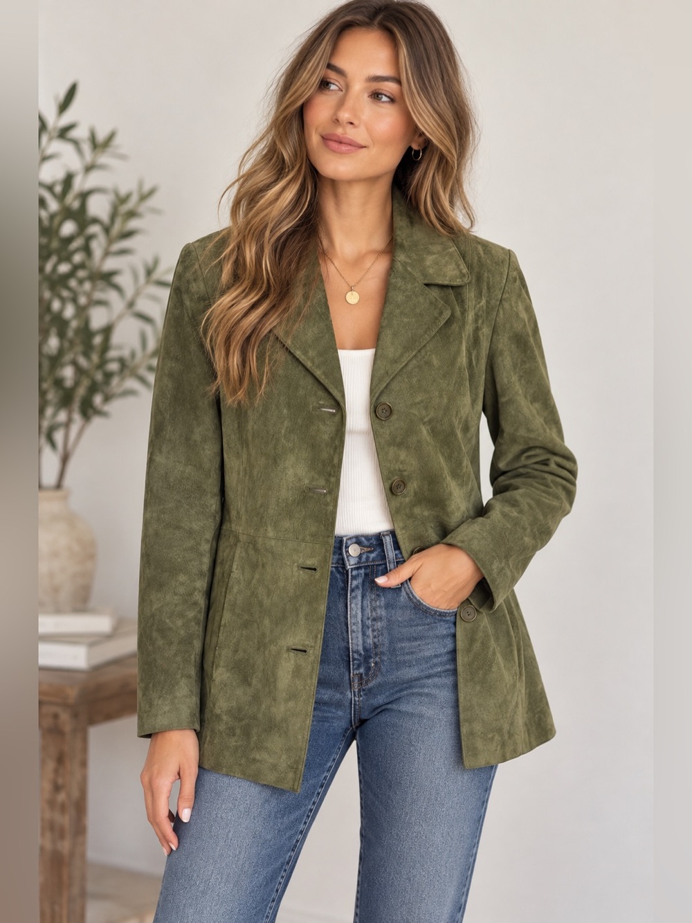 Real Comfort Olive Green 100% Leather Suede Blazer Jacket Women’s LP